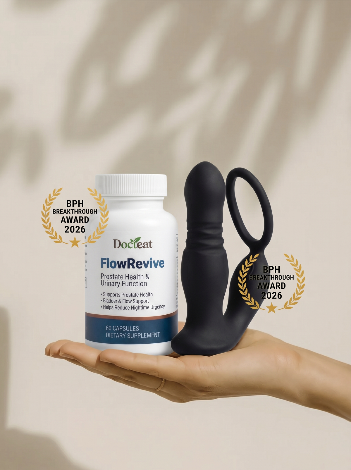 FlowRevive supplement bottle beside the Prosta Flow device